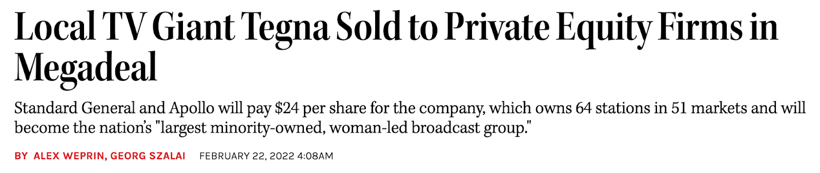 A Hollywood Reporter headline stating "Local TV Giant Tegna Sold to Private Equity Firms in Megadeal."