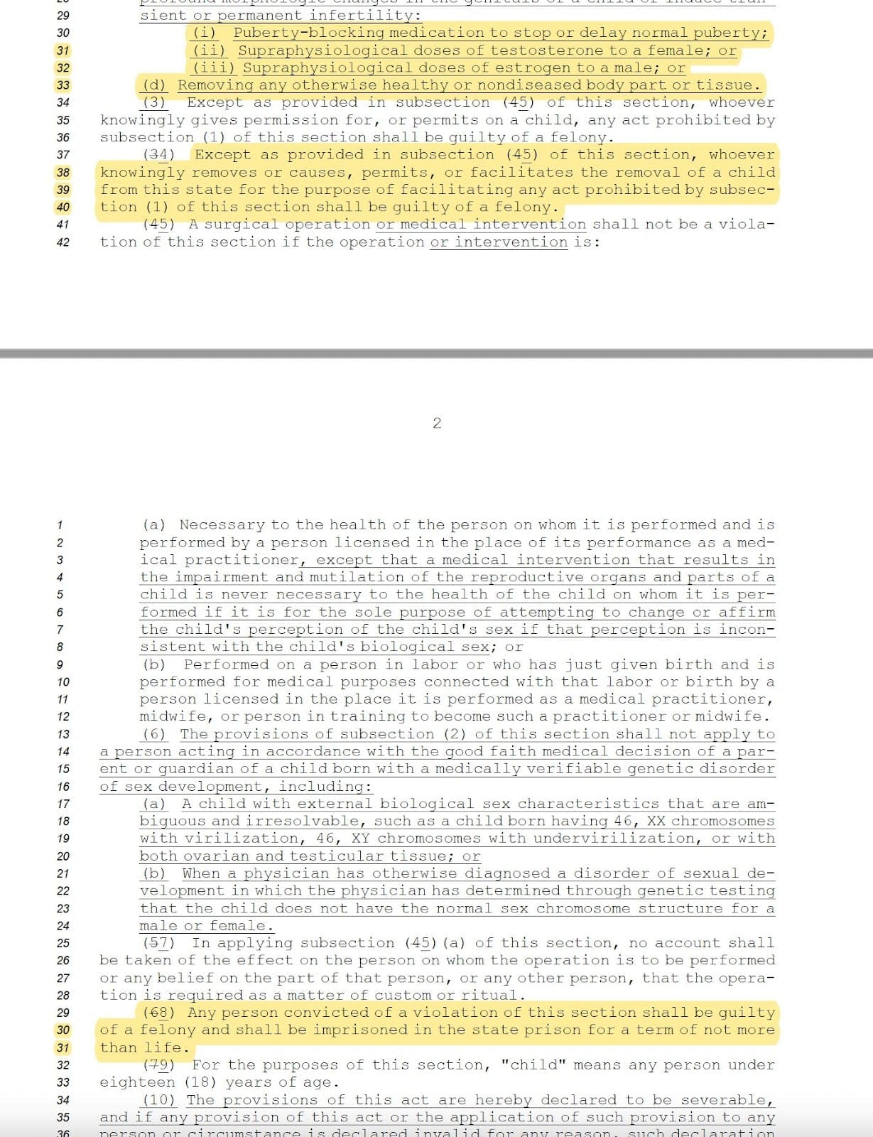 A screenshot of HB 675 highlighting the portions that target transgender kids. 