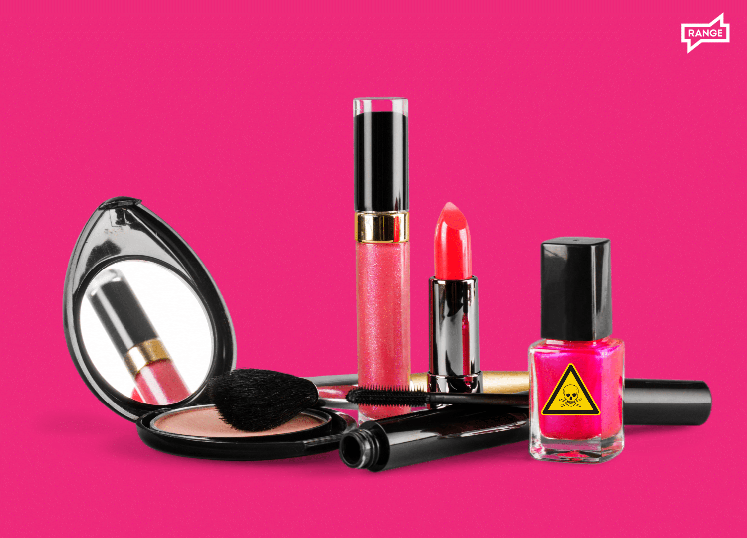 Pink nail polish with a poison symbol on it, with mascara, lipstick, lip gloss and a powder compact.