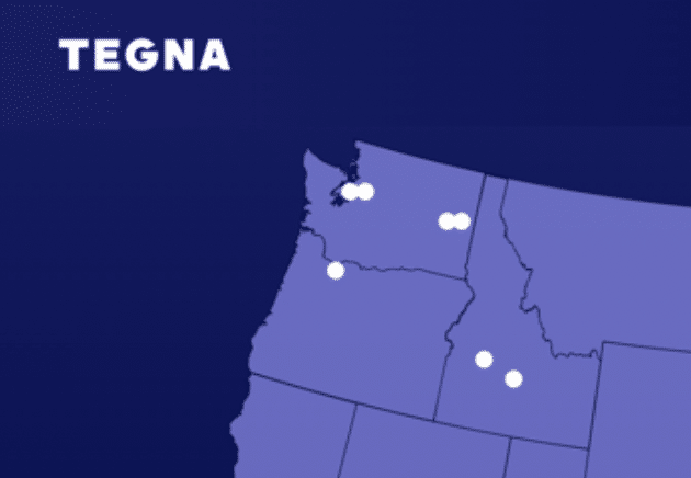 A map of the Pacific Northwest showing dots where TEGNA outlets are, including 1 in Oregon, 2 in Western Washington, 2 in Eastern Washington and 2 in Southern Idaho.