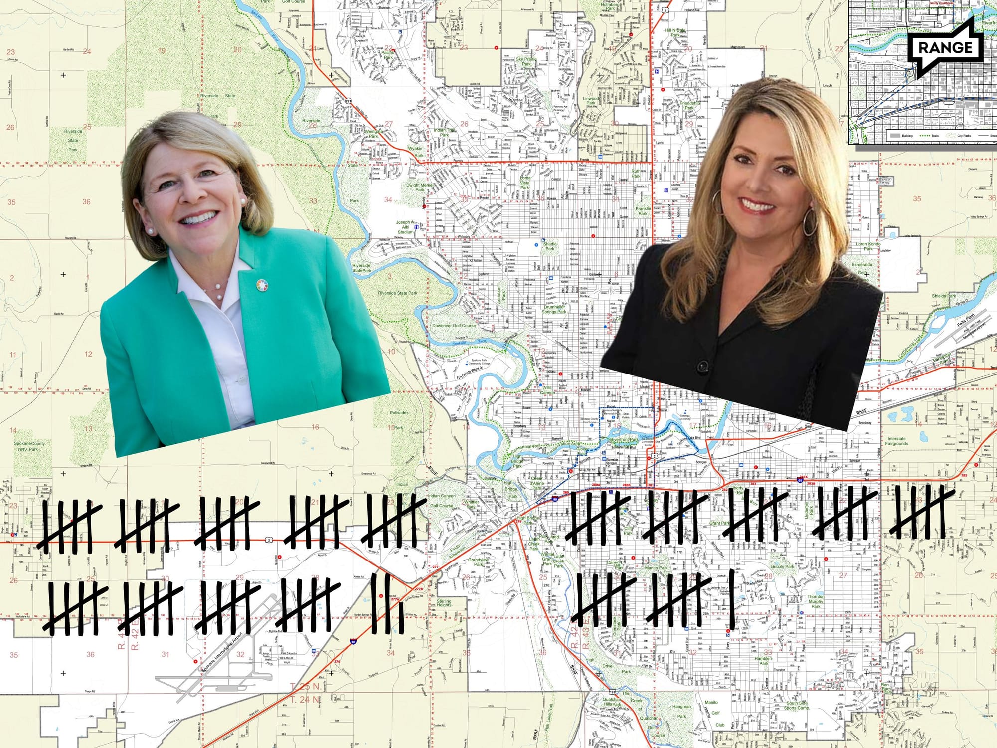 Headshots of two white women, one with short blonde hair (Lisa Brown) and one with longer blonde hair (Nadine Woodward) over a map of Spokane with tally marks under each to show primary election results. 