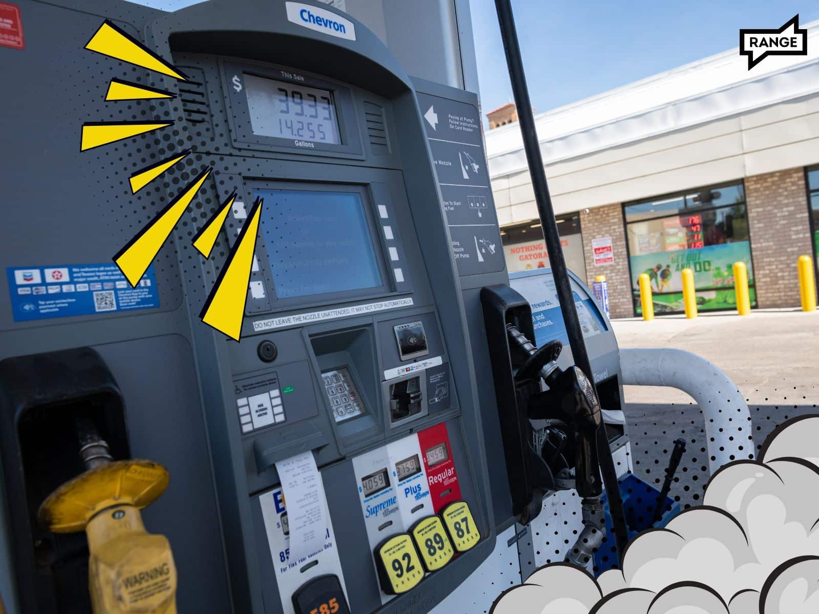 A Chevron gas pump displaying fuel prices, with yellow cartoon-style emphasis rays highlighting the price display. The pump shows $39.33 for 14.255 gallons of gas. A store can be seen in the background. Cartoon-style smoke clouds are added to the bottom right corner of the image.