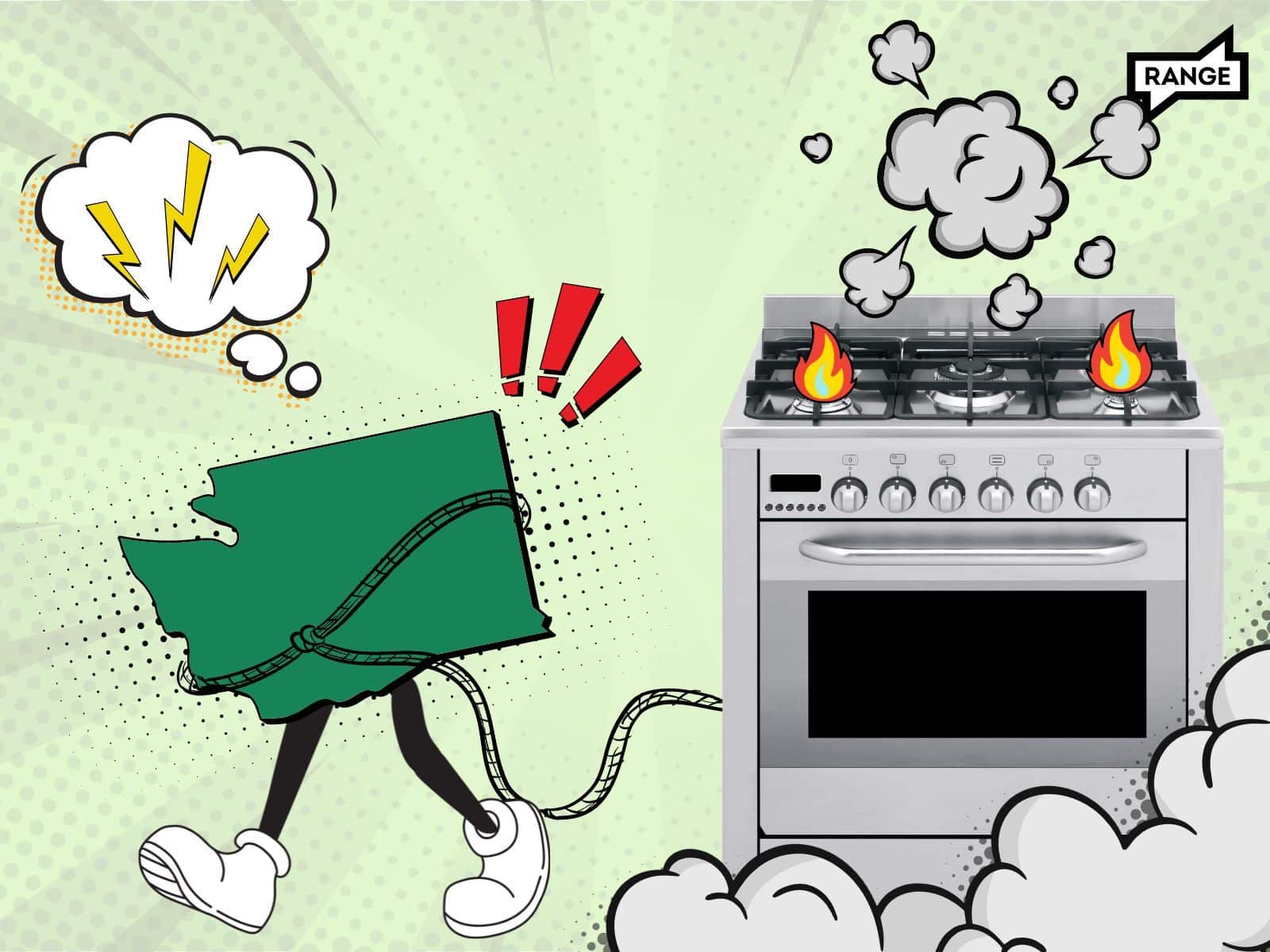 A cartoon-style illustration showing a personified green Washington state shape with legs running away from a gas stove. Washington has a thought bubble with lightning bolts, indicating electricity. The stove has cartoon flames on its burners and smoke rising from it. Red exclamation marks hover between the wallet and stove, emphasizing urgency or concern. The background is light green with a halftone dot pattern. A 'RANGE' logo appears in the top right corner.