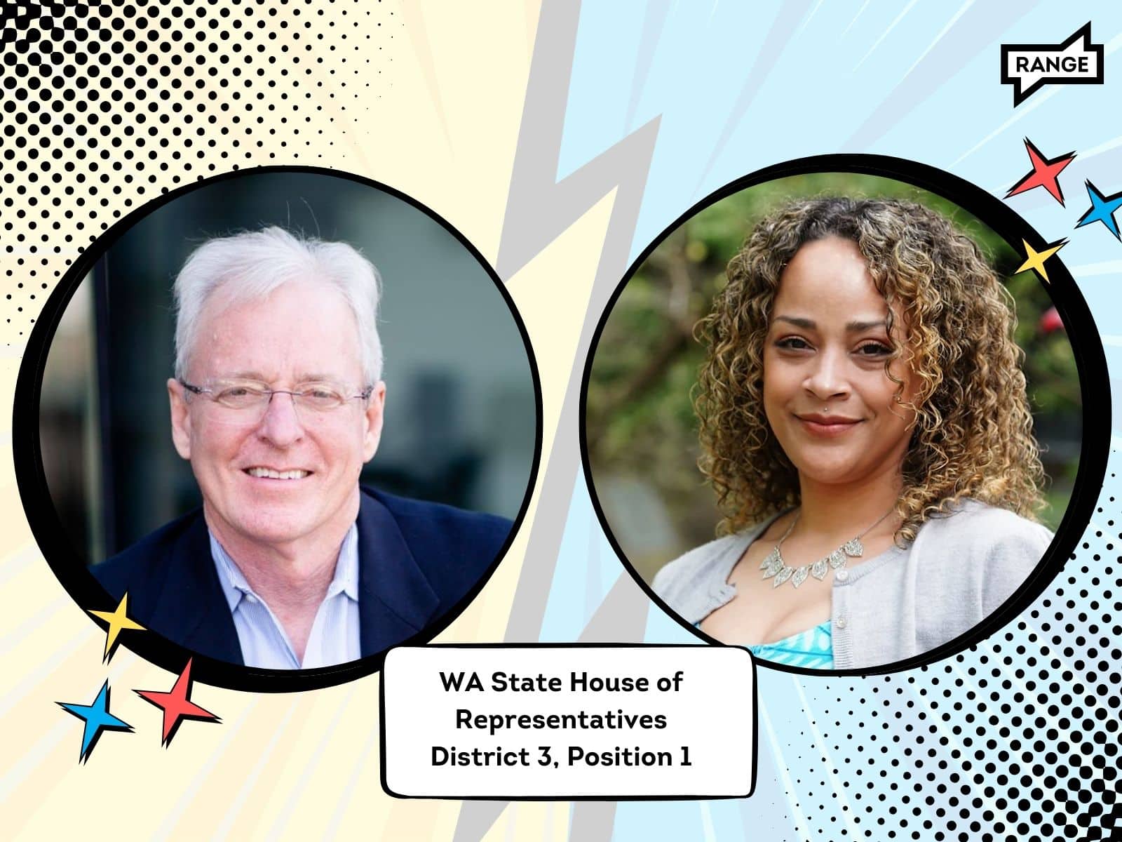 A political campaign graphic showing two candidates for WA State House of Representatives District 3, Position 1. On the left is a headshot of an older white man with gray hair and glasses, smiling. On the right is a headshot of a younger Black woman with curly hair, also smiling. The images are in circular frames separated by a comic book-style lightning bolt, suggesting a contest or race. Decorative stars surround the portraits. The 'RANGE' logo appears in the top right corner.