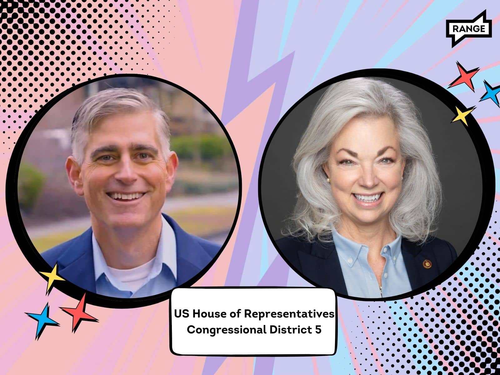 Graphic depicting candidates for US House of Representatives, Congressional District 5. Left: Smiling man with gray hair in blue jacket - Michael Baumgartner. Right: Grinning woman with silver hair in dark blazer - Carmela Conroy. Colorful comic retro-style background with lightning bolt divider. RANGE media logo in corner. Image suggests electoral face-off between two congressional hopefuls.