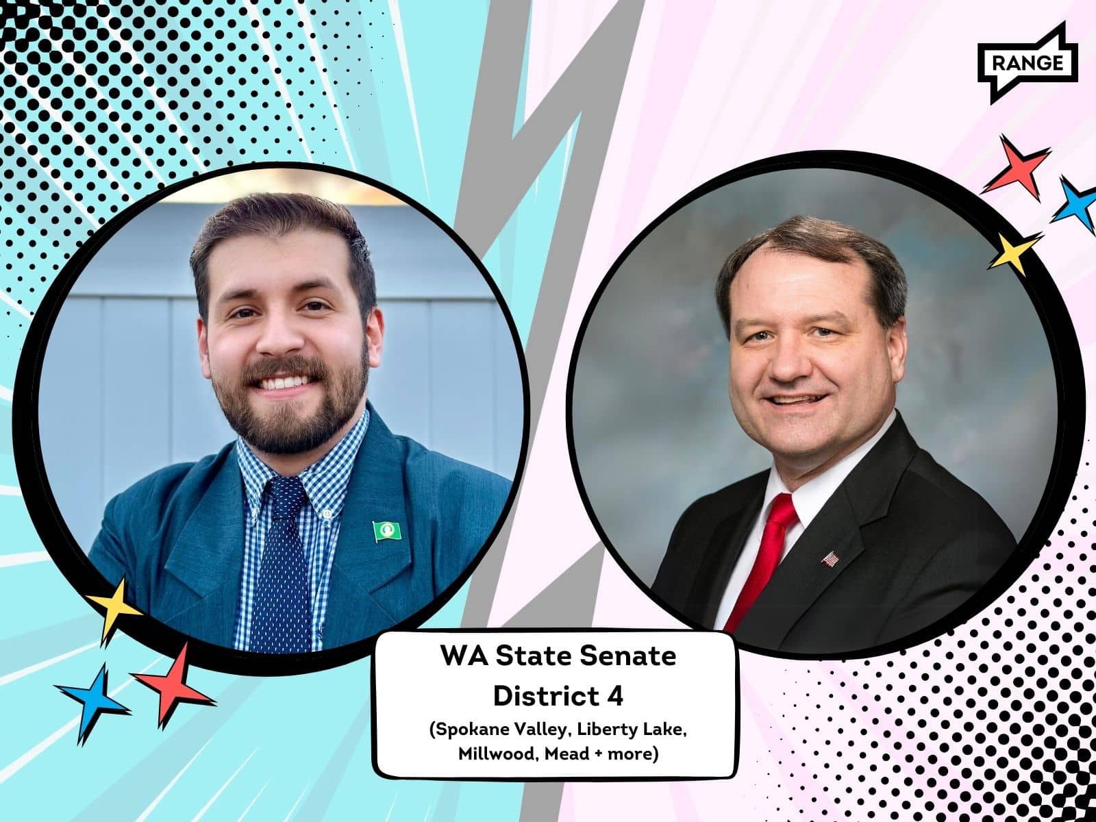 A graphic showing two candidates for Washington State Senate District 4, which covers Spokane Valley, Liberty Lake, Millwood, Mead and other areas. The image has a comic stylized design with a teal and pink background, black dots, and decorative stars. Two circular photos show two men in professional attire - one younger man in a blue suit with a checkered shirt and tie on the left, and an older man in a black suit with red tie on the right. Both men are smiling at the camera. The "RANGE" logo appears in the top right corner.