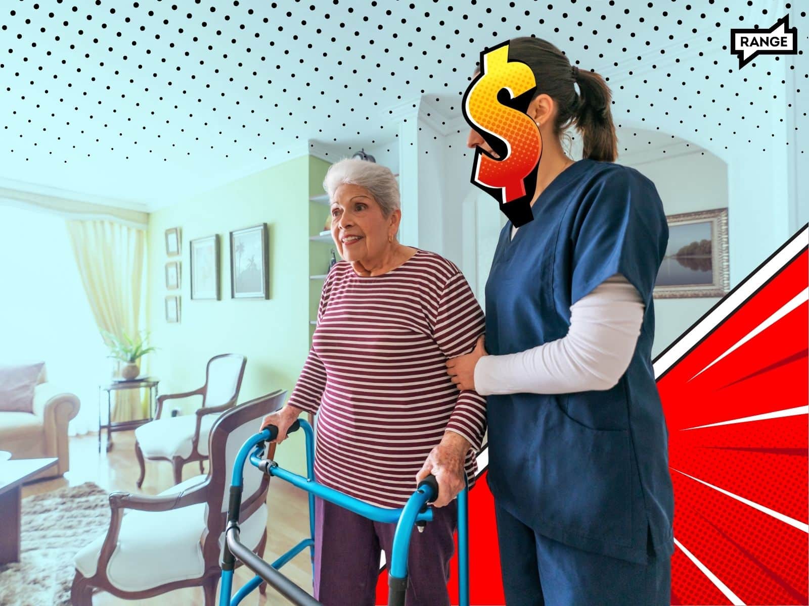 A composite image showing an elderly woman using a walker, assisted by a caregiver in a living room setting. The caregiver's face is replaced by a large yellow and orange dollar sign symbol. The background is the room interior and a comic stylized red and white graphic pattern. The image conveys themes of elderly care costs. A 'RANGE' logo appears in the top right corner.