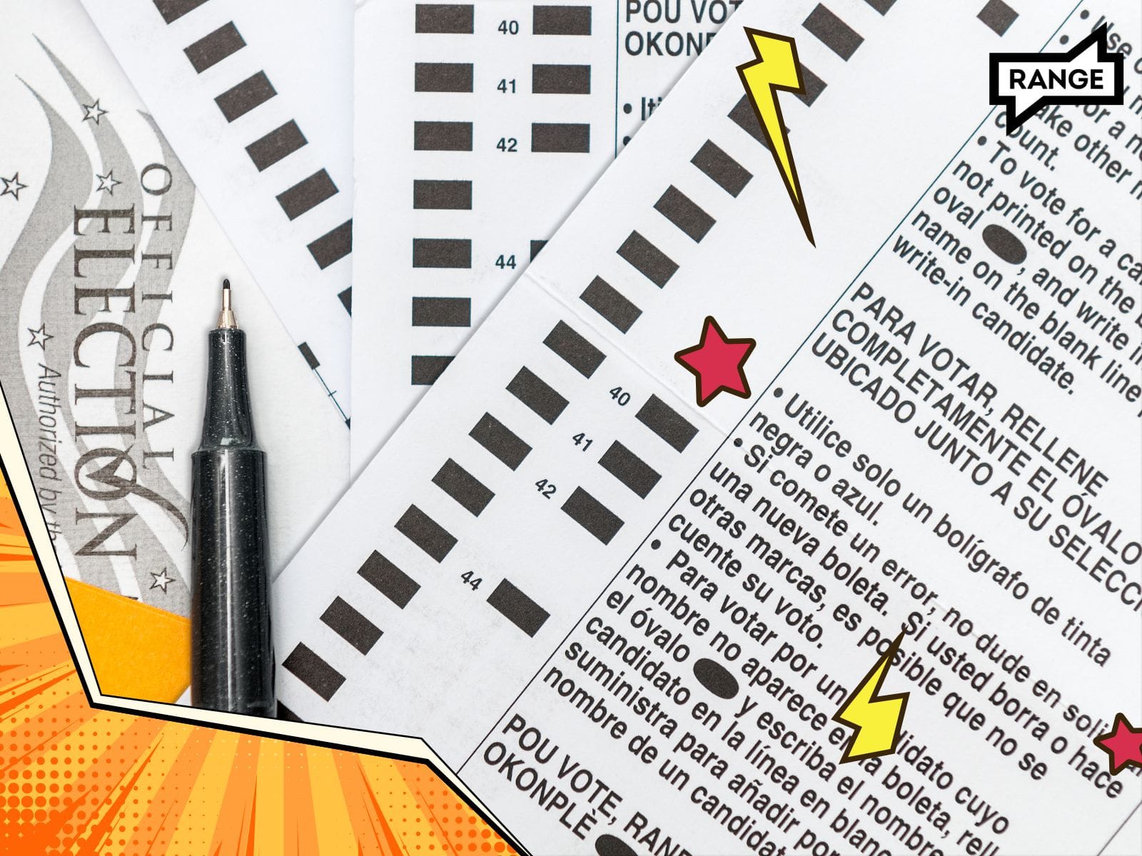 Close-up photo of an election ballot with text in Spanish and numbered voting bubbles arranged in columns. A black pen rests on the ballot paper. The image includes decorative elements: comic style yellow lightning bolts and red stars. Part of the ballot shows instructions for voters, and there's a small section of what appears to be official election documentation visible in the background. The image has a comic book stylized orange and white graphic border element in one corner and the 'RANGE' logo in another corner.