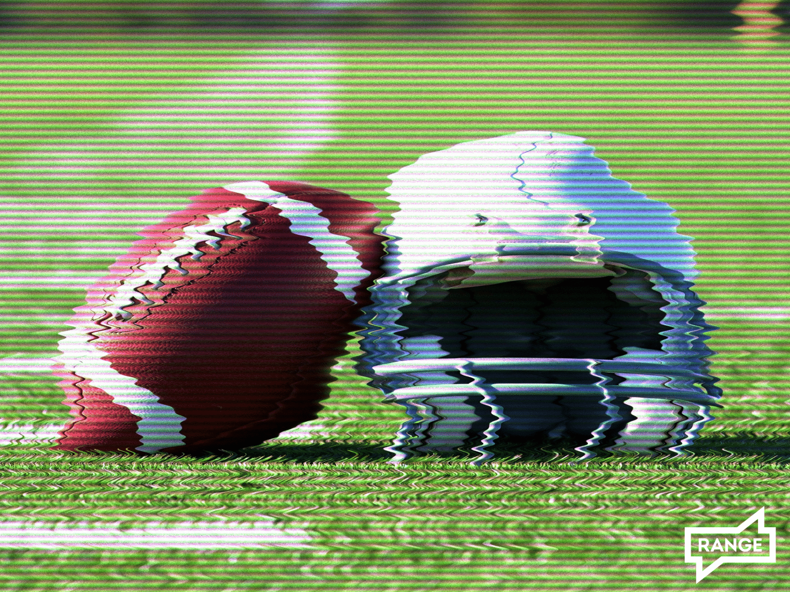 Distorted, staticky image of a football field with a helmet and football.