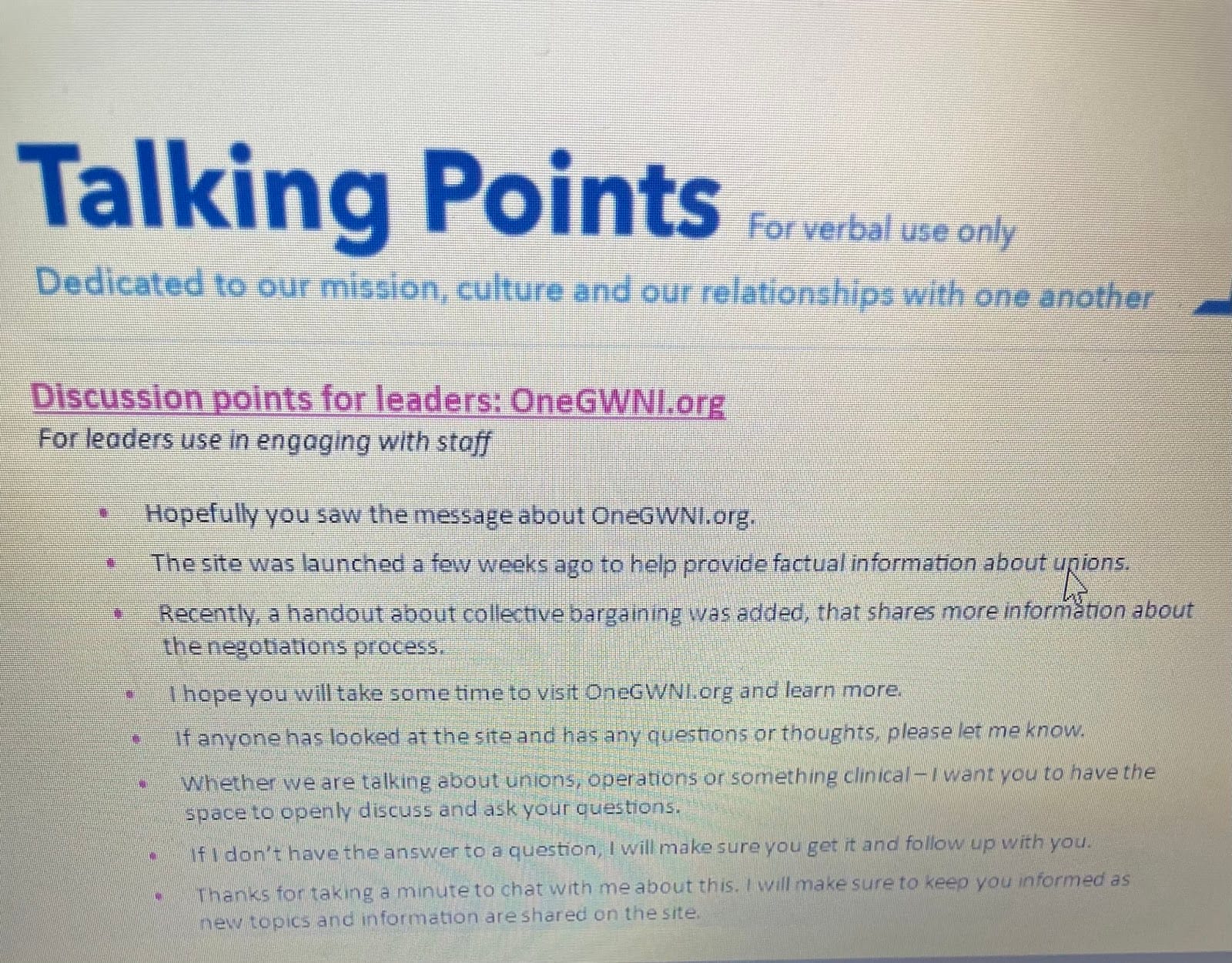 Talking points for how managers should discuss unions with their staff.