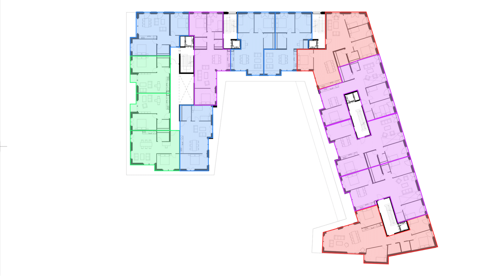 In this building layout, each unit has access to a stairway, but through a point access block rather than a long hallway.