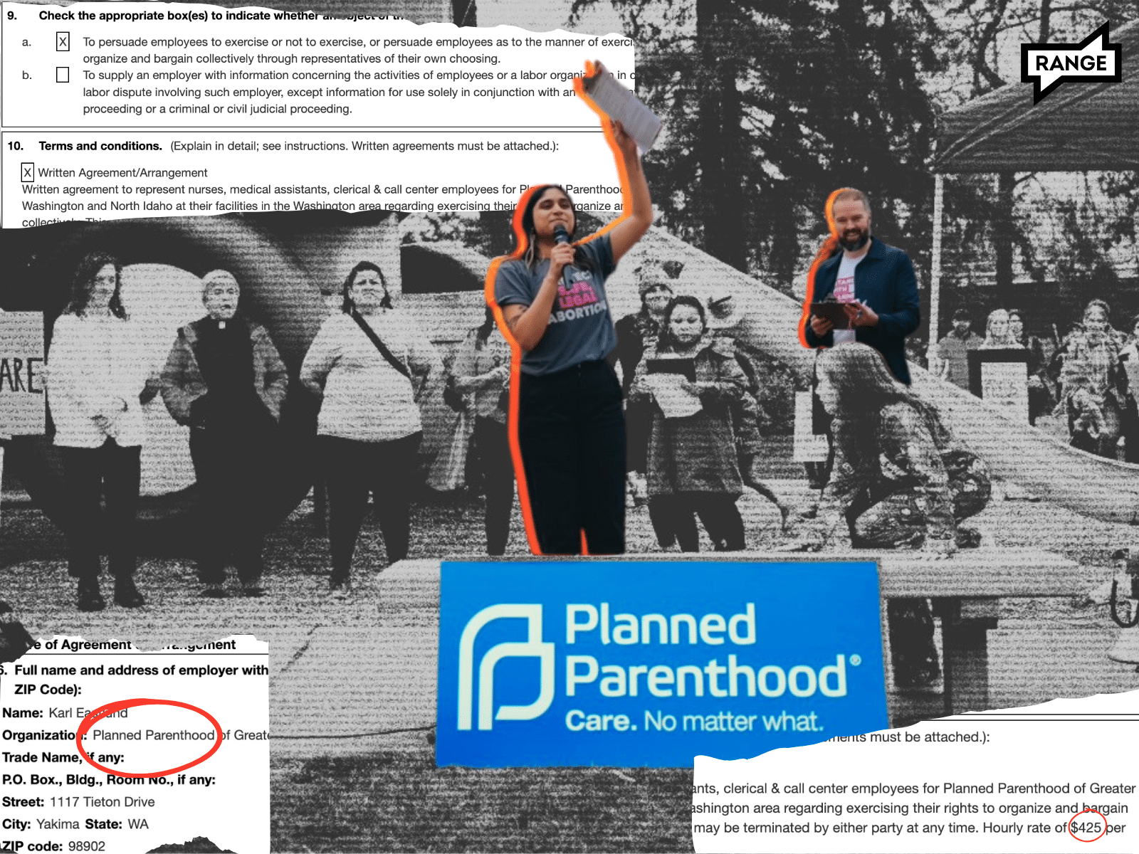 Two former Planned Parenthood employees at a rally for reproductive rights. Documentation showing leadership paid $425 an hour for union busting services. 