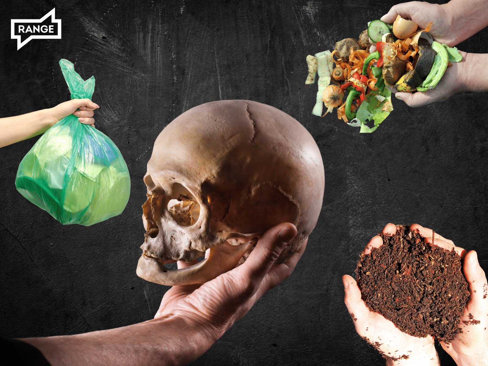 A hand holding a skull in the style of Hamlet with hands holding trash, compost and dirt.